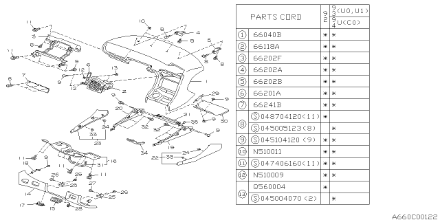 1992 Subaru SVX Grille Vent Center LH Diagram for 66049PA050