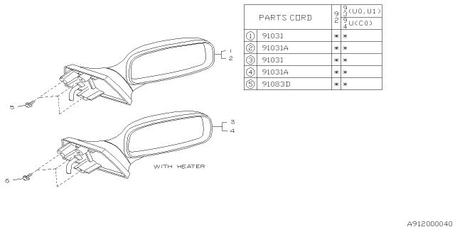 1992 Subaru SVX Rear View Mirror Assembly Door Diagram for 91031PA110RG