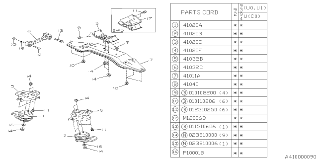 1992 Subaru SVX Cushion Rubber Rear Diagram for 41022PA080