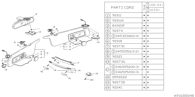 1993 Subaru SVX Right Sun Visor Assembly Diagram for 92010PA190EO
