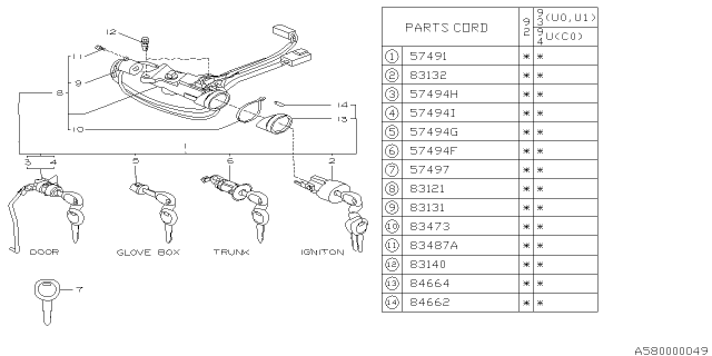 1993 Subaru SVX Blank Key Plate Diagram for 57430PA050