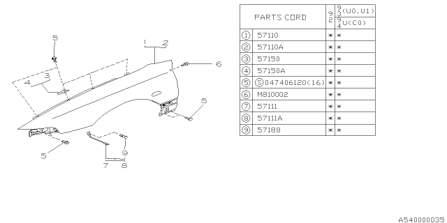 1993 Subaru SVX Stay Front Fender Assembly LH Diagram for 57102PA010