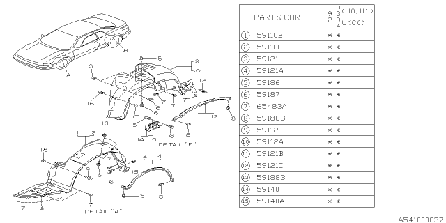 1993 Subaru SVX Splash Guard Rear RH Diagram for 59110PA020