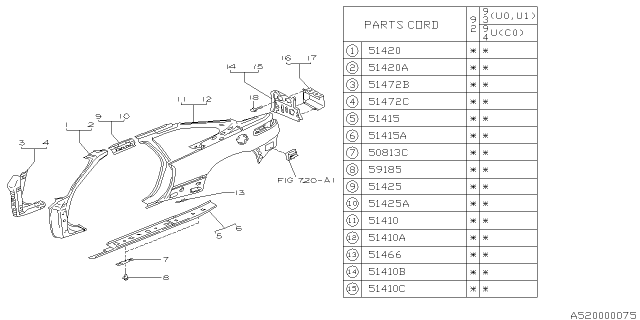 1993 Subaru SVX Reinforcement Front Pillar Lower Complete Diagram for 51472PA280