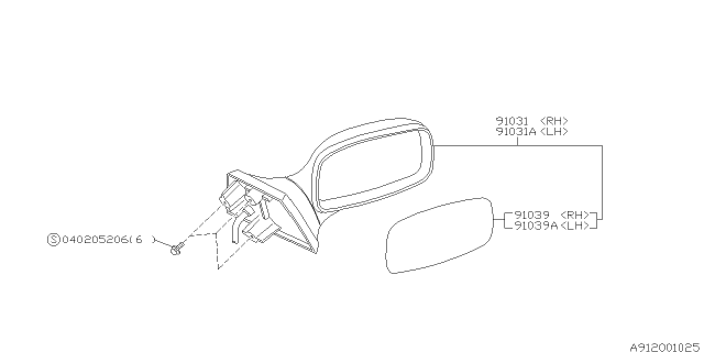 1997 Subaru SVX Rear View Mirror Assembly Door Diagram for 91032PA780