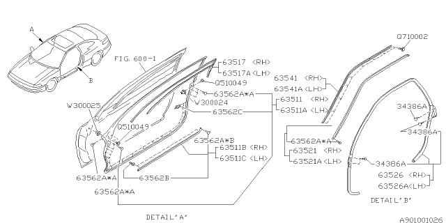 1996 Subaru SVX WEATHERSTRIP Assembly Door SASH RH Diagram for 90372PA001