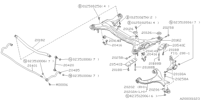 1996 Subaru SVX Front Suspension Frame Sub Assembly Diagram for 20100PA000