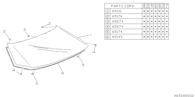 1986 Subaru XT Back Window Glass Diagram for 65023GA100