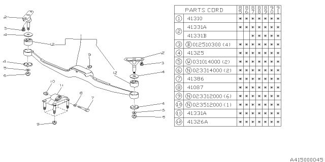 1991 Subaru XT Differential Member Assembly Diagram for 41310GA090