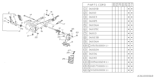1990 Subaru XT Pedal System - Automatic Transmission Diagram 1