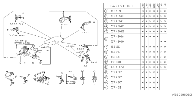 1990 Subaru XT Ignition STARTER/STEERING Lock Diagram for 83123GA010