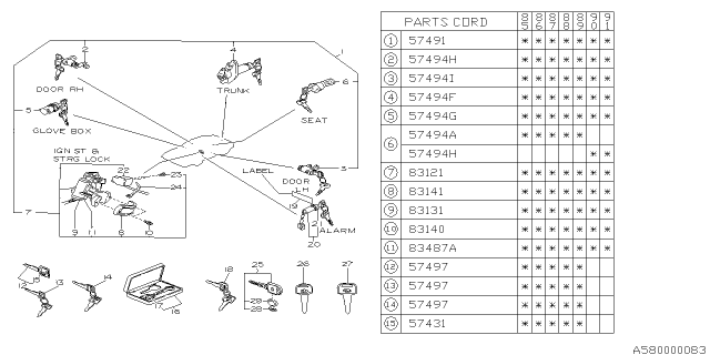 1985 Subaru XT Key Kit & Key Lock Diagram 1