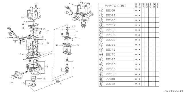 1986 Subaru XT Distributor Cap Diagram for 22162AA040