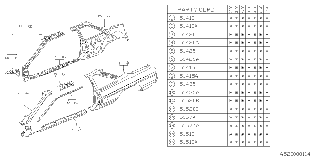 1988 Subaru XT Side Rail Out LH Diagram for 51364GA150