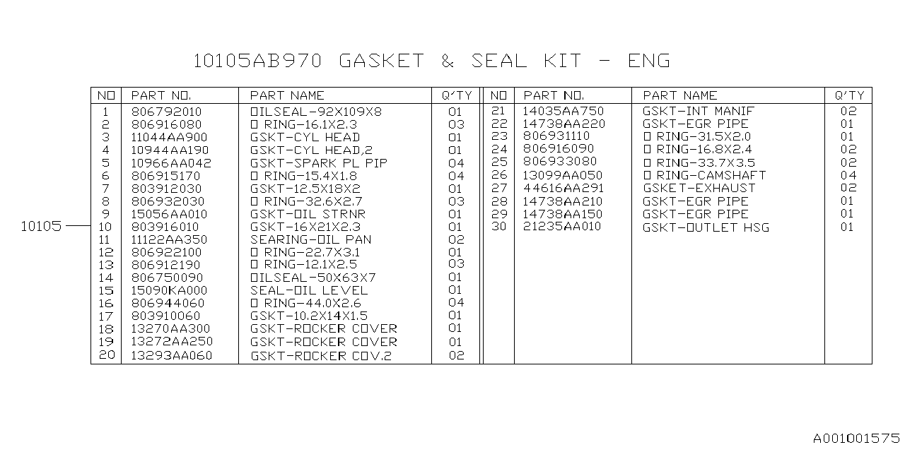 Subaru 10105AB970 Gasket And Seal Kit Engine 10105AB970 Subaru Gasket And Seal Kit Engine