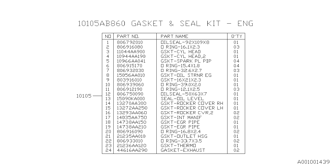 10105AC560 Subaru Gasket And Seal Kit Engine