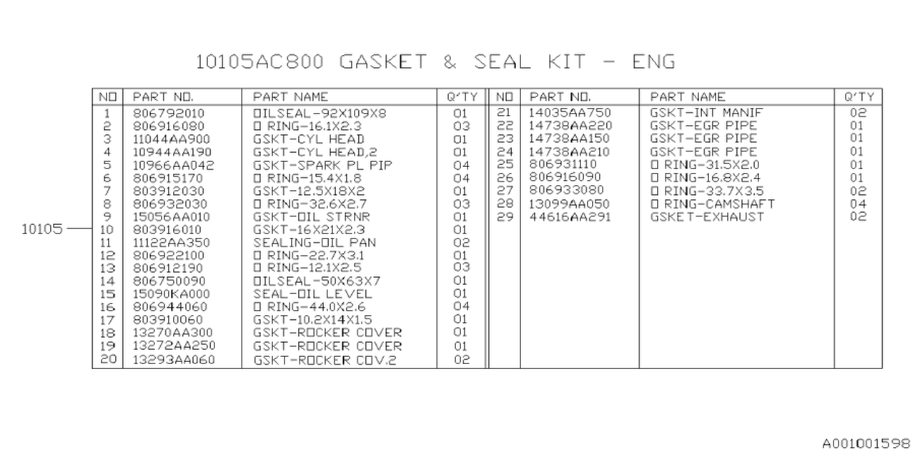 10105AC800 Subaru Gasket And Seal Kit Engine